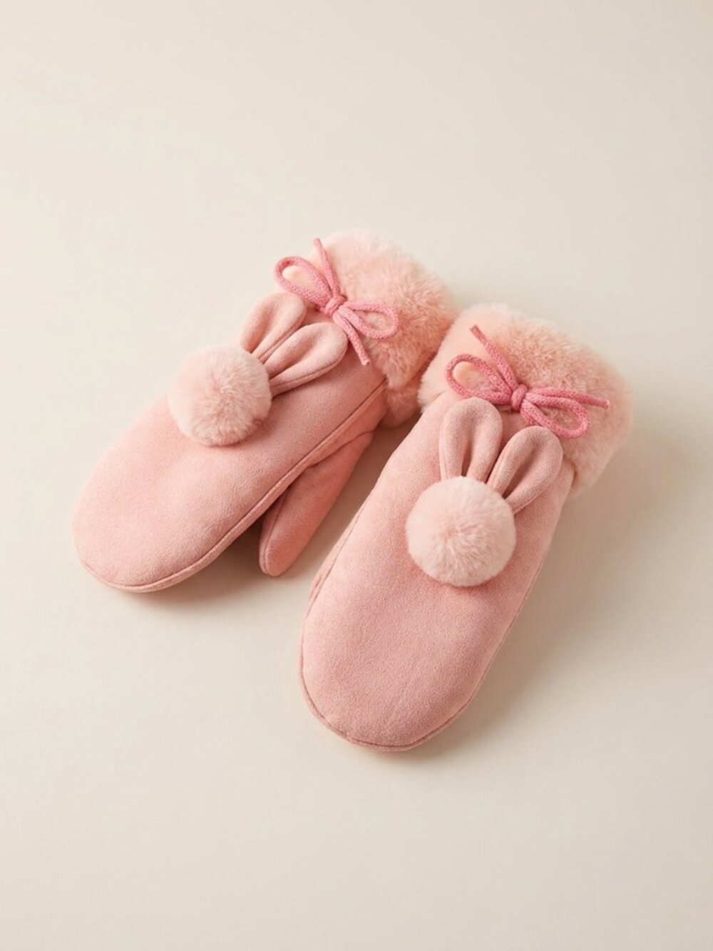 Cute Bunny Kids Mittens Pink Winter Gloves Faux Fur Rabbit Ears Warm Mitts